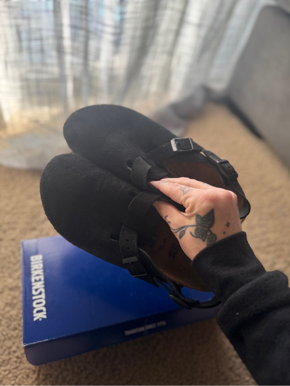 Birkenstock Black Suede Boston-Style Clogs with Buckle